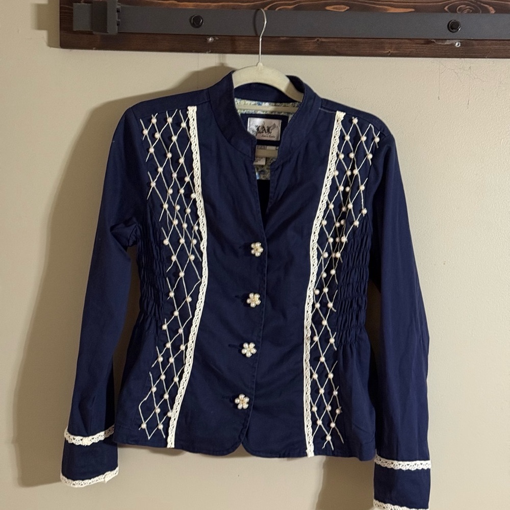 Upcycled Navy Jacket with Off-White Lace, Pearls and Hand Embroidered Details
